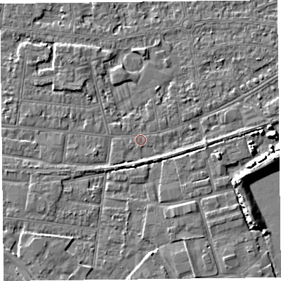 Shaded relief map of the ground around BS233HF, computed from Environment Agency LiDAR. The ground here sits at about 5 m above sea level and falls 7 m across the surrounding 800 m. Surface water reaching this point runs off ground lying to the south, 1.5 m higher.
