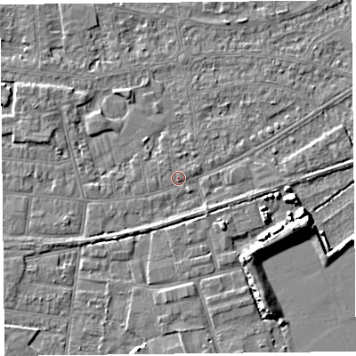 Shaded relief map of the ground around BS233HG, computed from Environment Agency LiDAR. The ground here sits at about 5 m above sea level and falls 7 m across the surrounding 800 m. Surface water reaching this point runs off ground lying to the south-east, 1.7 m higher.