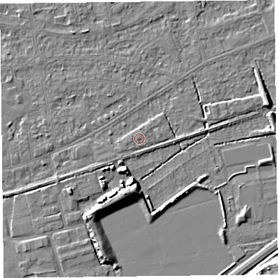 Shaded relief map of the ground around BS233HH, computed from Environment Agency LiDAR. The ground here sits at about 6 m above sea level and falls 8 m across the surrounding 800 m. Surface water reaching this point runs off ground lying to the north-east, 0.6 m higher.
