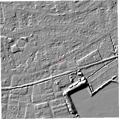 Shaded relief map of the ground around BS233HL, computed from Environment Agency LiDAR. The ground here sits at about 5 m above sea level and falls 7 m across the surrounding 800 m. Surface water reaching this point runs off ground lying to the east, 2.5 m higher.