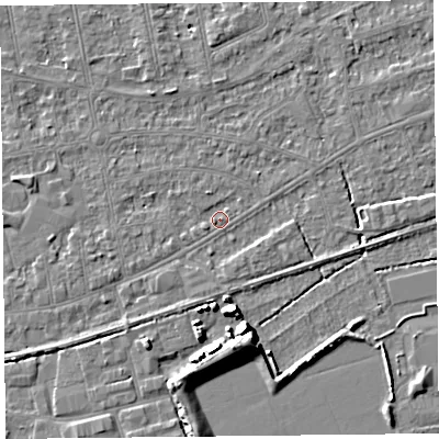 Shaded relief map of the ground around BS233HN, computed from Environment Agency LiDAR. The ground here sits at about 5 m above sea level and falls 7 m across the surrounding 800 m. Surface water reaching this point runs off ground lying to the north-north-west, 1.6 m higher.