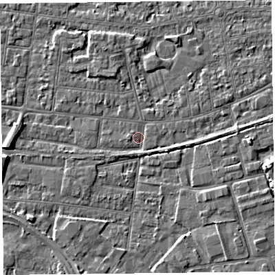 Shaded relief map of the ground around BS233HP, computed from Environment Agency LiDAR. The ground here sits at about 5 m above sea level and falls 6 m across the surrounding 800 m. Surface water reaching this point runs off ground lying to the west-south-west, 1.1 m higher.
