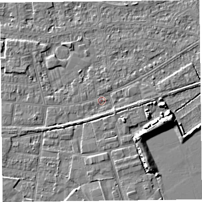 Shaded relief map of the ground around BS233HQ, computed from Environment Agency LiDAR. The ground here sits at about 5 m above sea level and falls 7 m across the surrounding 800 m. Surface water reaching this point runs off ground lying to the south-east, 1.7 m higher.