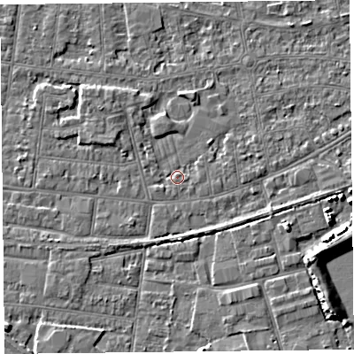 Shaded relief map of the ground around BS233HR, computed from Environment Agency LiDAR. The ground here sits at about 5 m above sea level and falls 7 m across the surrounding 800 m. Surface water reaching this point runs off ground lying to the north-west, 2.0 m higher.