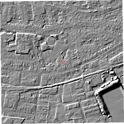 Shaded relief map of the ground around BS233HS, computed from Environment Agency LiDAR. The ground here sits at about 5 m above sea level and falls 7 m across the surrounding 800 m. Surface water reaching this point runs off ground lying to the east-north-east, 1.0 m higher.