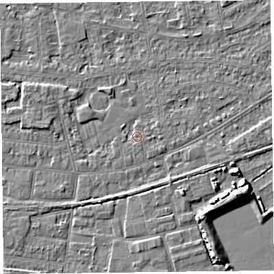 Shaded relief map of the ground around BS233HT, computed from Environment Agency LiDAR. The ground here sits at about 5 m above sea level and falls 7 m across the surrounding 800 m. Surface water reaching this point runs off ground lying to the south-south-west, 1.0 m higher.