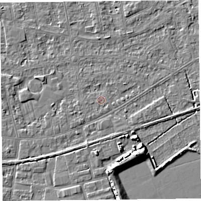 Shaded relief map of the ground around BS233HU, computed from Environment Agency LiDAR. The ground here sits at about 5 m above sea level and falls 7 m across the surrounding 800 m. Surface water reaching this point runs off ground lying to the south-east, 1.0 m higher.