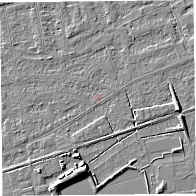 Shaded relief map of the ground around BS233HW, computed from Environment Agency LiDAR. The ground here sits at about 5 m above sea level and falls 7 m across the surrounding 800 m. Surface water reaching this point runs off ground lying to the west-north-west, 0.8 m higher.