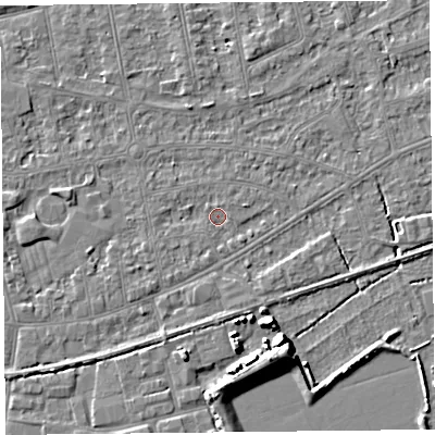 Shaded relief map of the ground around BS233HX, computed from Environment Agency LiDAR. The ground here sits at about 5 m above sea level and falls 7 m across the surrounding 800 m. Surface water reaching this point runs off ground lying to the south-south-west, 1.3 m higher.