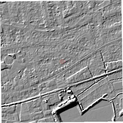 Shaded relief map of the ground around BS233HY, computed from Environment Agency LiDAR. The ground here sits at about 5 m above sea level and falls 7 m across the surrounding 800 m. Surface water reaching this point runs off ground lying to the north-north-east, 1.6 m higher.