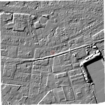 Shaded relief map of the ground around BS233JA, computed from Environment Agency LiDAR. The ground here sits at about 5 m above sea level and falls 7 m across the surrounding 800 m. Surface water reaching this point runs off ground lying to the east, 1.7 m higher.