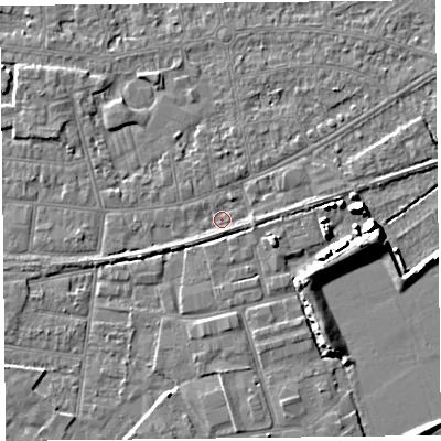 Shaded relief map of the ground around BS233JB, computed from Environment Agency LiDAR. The ground here sits at about 5 m above sea level and falls 7 m across the surrounding 800 m. Surface water reaching this point runs off ground lying to the east, 1.7 m higher.