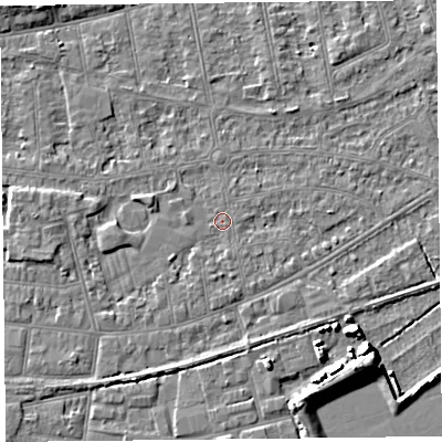 Shaded relief map of the ground around BS233JD, computed from Environment Agency LiDAR. The ground here sits at about 5 m above sea level and falls 7 m across the surrounding 800 m. Surface water reaching this point runs off ground lying to the south-south-west, 1.0 m higher.
