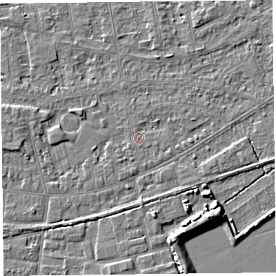 Shaded relief map of the ground around BS233JE, computed from Environment Agency LiDAR. The ground here sits at about 5 m above sea level and falls 7 m across the surrounding 800 m. Surface water reaching this point runs off ground lying to the east-south-east, 1.3 m higher.