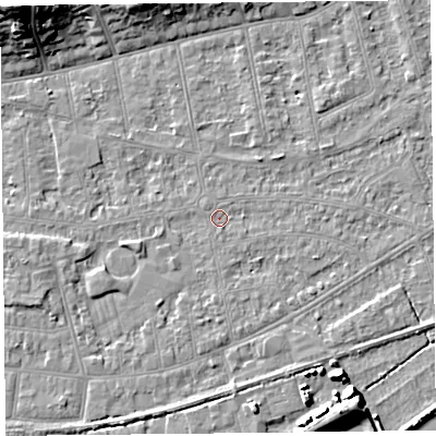 Shaded relief map of the ground around BS233JF, computed from Environment Agency LiDAR. The ground here sits at about 5 m above sea level and falls 21 m across the surrounding 800 m. Surface water reaching this point runs off ground lying to the east, 0.9 m higher.