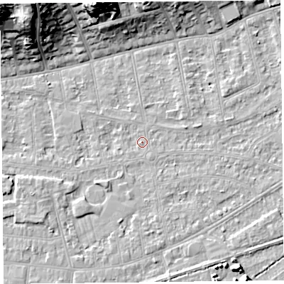 Shaded relief map of the ground around BS233JG, computed from Environment Agency LiDAR. The ground here sits at about 5 m above sea level and falls 25 m across the surrounding 800 m. Surface water reaching this point runs off ground lying to the east-north-east, 1.5 m higher.