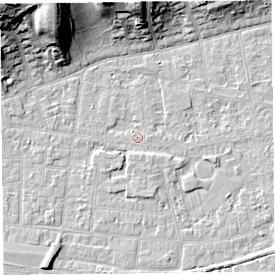 Shaded relief map of the ground around BS233JH, computed from Environment Agency LiDAR. The ground here sits at about 5 m above sea level and falls 27 m across the surrounding 800 m. Surface water reaching this point runs off ground lying to the east, 0.9 m higher.
