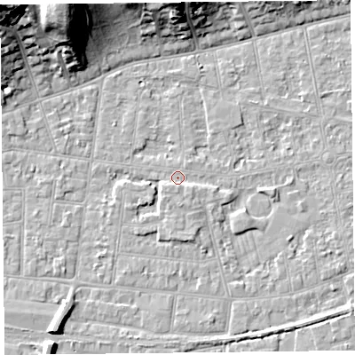 Shaded relief map of the ground around BS233JJ, computed from Environment Agency LiDAR. The ground here sits at about 5 m above sea level and falls 24 m across the surrounding 800 m. Surface water reaching this point runs off ground lying to the south, 1.6 m higher.