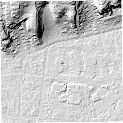 Shaded relief map of the ground around BS233JL, computed from Environment Agency LiDAR. The ground here sits at about 5 m above sea level and falls 32 m across the surrounding 800 m. Surface water reaching this point runs off ground lying to the north, 0.5 m higher.