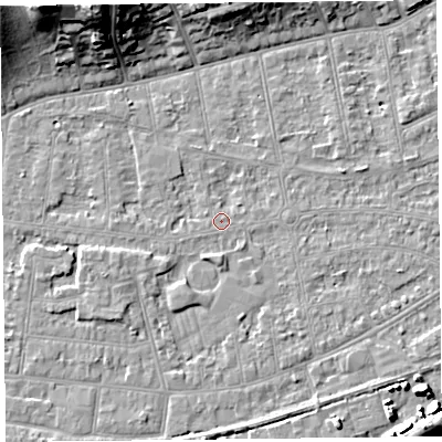 Shaded relief map of the ground around BS233JN, computed from Environment Agency LiDAR. The ground here sits at about 5 m above sea level and falls 23 m across the surrounding 800 m. Surface water reaching this point runs off ground lying to the north-north-west, 23.3 m higher.