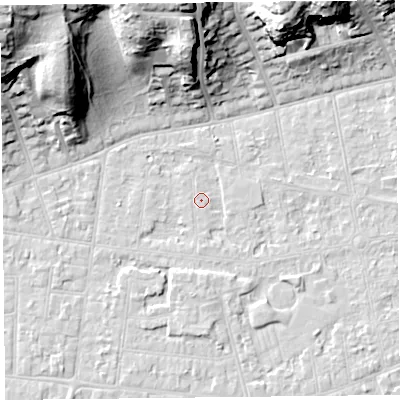 Shaded relief map of the ground around BS233JP, computed from Environment Agency LiDAR. The ground here sits at about 5 m above sea level and falls 32 m across the surrounding 800 m. Surface water reaching this point runs off ground lying to the south, 2.2 m higher.