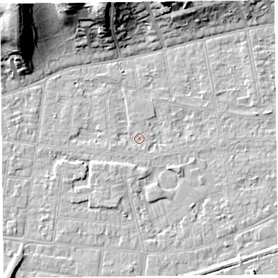 Shaded relief map of the ground around BS233JR, computed from Environment Agency LiDAR. The ground here sits at about 5 m above sea level and falls 25 m across the surrounding 800 m. Surface water reaching this point runs off ground lying to the north-west, 24.6 m higher.