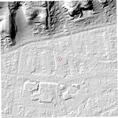 Shaded relief map of the ground around BS233JS, computed from Environment Agency LiDAR. The ground here sits at about 5 m above sea level and falls 30 m across the surrounding 800 m. The ground contributing surface water to this point lies to the east-north-east.