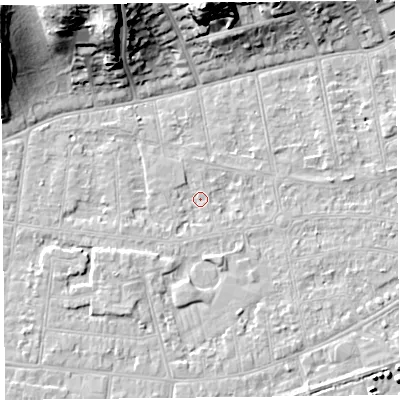 Shaded relief map of the ground around BS233JT, computed from Environment Agency LiDAR. The ground here sits at about 5 m above sea level and falls 25 m across the surrounding 800 m. Surface water reaching this point runs off ground lying to the north-north-west, 24.8 m higher.
