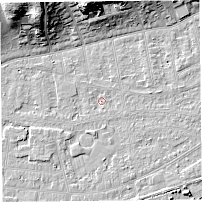 Shaded relief map of the ground around BS233JU, computed from Environment Agency LiDAR. The ground here sits at about 5 m above sea level and falls 25 m across the surrounding 800 m. Surface water reaching this point runs off ground lying to the east, 1.8 m higher.