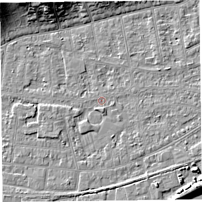Shaded relief map of the ground around BS233JW, computed from Environment Agency LiDAR. The ground here sits at about 5 m above sea level and falls 18 m across the surrounding 800 m. Surface water reaching this point runs off ground lying to the north-north-west, 18.3 m higher.