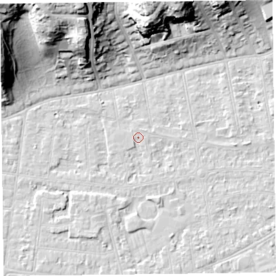 Shaded relief map of the ground around BS233JX, computed from Environment Agency LiDAR. The ground here sits at about 5 m above sea level and falls 29 m across the surrounding 800 m. Surface water reaching this point runs off ground lying to the north-east, 1.0 m higher.