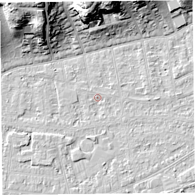 Shaded relief map of the ground around BS233JY, computed from Environment Agency LiDAR. The ground here sits at about 5 m above sea level and falls 28 m across the surrounding 800 m. Surface water reaching this point runs off ground lying to the north-west, 1.2 m higher.