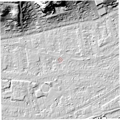 Shaded relief map of the ground around BS233JZ, computed from Environment Agency LiDAR. The ground here sits at about 5 m above sea level and falls 27 m across the surrounding 800 m. Surface water reaching this point runs off ground lying to the east, 1.6 m higher.