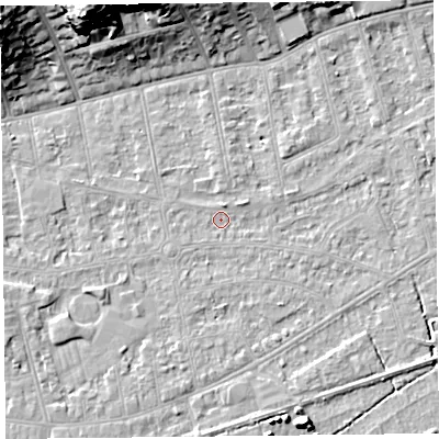 Shaded relief map of the ground around BS233LB, computed from Environment Agency LiDAR. The ground here sits at about 5 m above sea level and falls 23 m across the surrounding 800 m. Surface water reaching this point runs off ground lying to the north-north-east, 1.4 m higher.