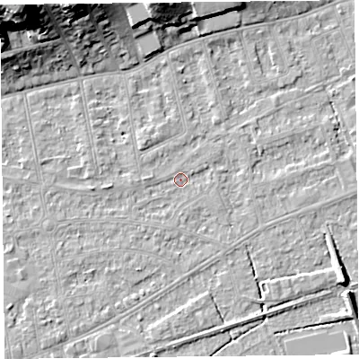 Shaded relief map of the ground around BS233LD, computed from Environment Agency LiDAR. The ground here sits at about 5 m above sea level and falls 27 m across the surrounding 800 m. Surface water reaching this point runs off ground lying to the west, 1.3 m higher.