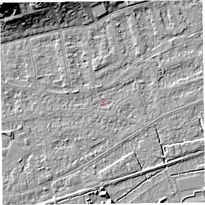 Shaded relief map of the ground around BS233LE, computed from Environment Agency LiDAR. The ground here sits at about 5 m above sea level and falls 22 m across the surrounding 800 m. Surface water reaching this point runs off ground lying to the north-north-west, 1.3 m higher.