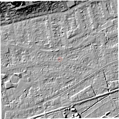 Shaded relief map of the ground around BS233LF, computed from Environment Agency LiDAR. The ground here sits at about 5 m above sea level and falls 19 m across the surrounding 800 m. Surface water reaching this point runs off ground lying to the north, 0.7 m higher.