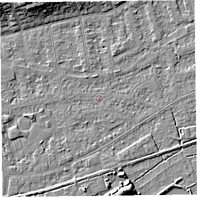 Shaded relief map of the ground around BS233LG, computed from Environment Agency LiDAR. The ground here sits at about 5 m above sea level and falls 9 m across the surrounding 800 m. Surface water reaching this point runs off ground lying to the east-south-east, 0.5 m higher.