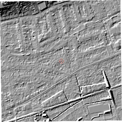 Shaded relief map of the ground around BS233LH, computed from Environment Agency LiDAR. The ground here sits at about 5 m above sea level and falls 11 m across the surrounding 800 m. Surface water reaching this point runs off ground lying to the north-west, 8.0 m higher.