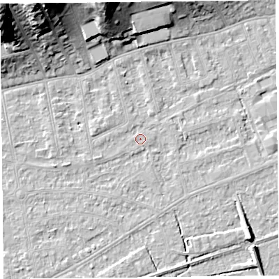 Shaded relief map of the ground around BS233LJ, computed from Environment Agency LiDAR. The ground here sits at about 5 m above sea level and falls 28 m across the surrounding 800 m. Surface water reaching this point runs off ground lying to the west-south-west, 1.5 m higher.