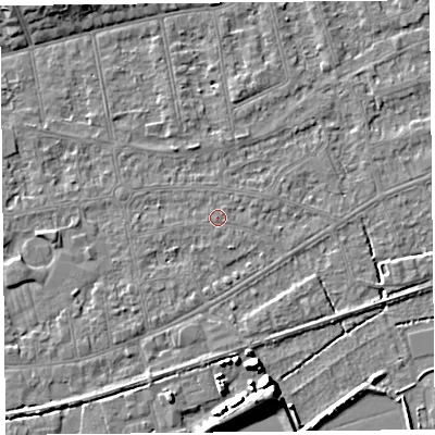 Shaded relief map of the ground around BS233LL, computed from Environment Agency LiDAR. The ground here sits at about 5 m above sea level and falls 7 m across the surrounding 800 m. The ground contributing surface water to this point lies to the north-east.