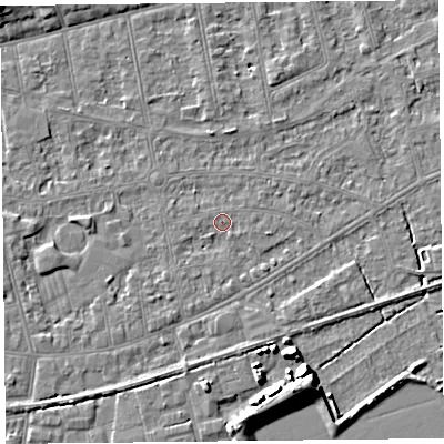 Shaded relief map of the ground around BS233LN, computed from Environment Agency LiDAR. The ground here sits at about 5 m above sea level and falls 7 m across the surrounding 800 m. Surface water reaching this point runs off ground lying to the south, 1.3 m higher.