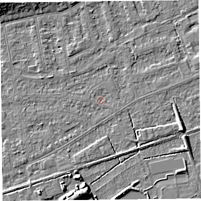 Shaded relief map of the ground around BS233LQ, computed from Environment Agency LiDAR. The ground here sits at about 5 m above sea level and falls 7 m across the surrounding 800 m. Surface water reaching this point runs off ground lying to the north-west, 1.5 m higher.