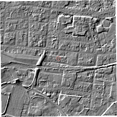 Shaded relief map of the ground around BS233LR, computed from Environment Agency LiDAR. The ground here sits at about 5 m above sea level and falls 6 m across the surrounding 800 m. Surface water reaching this point runs off ground lying to the west-south-west, 5.8 m higher.
