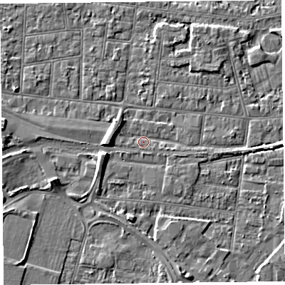 Shaded relief map of the ground around BS233LS, computed from Environment Agency LiDAR. The ground here sits at about 5 m above sea level and falls 6 m across the surrounding 800 m. Surface water reaching this point runs off ground lying to the west-south-west, 5.8 m higher.