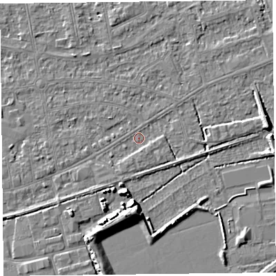 Shaded relief map of the ground around BS233LU, computed from Environment Agency LiDAR. The ground here sits at about 5 m above sea level and falls 7 m across the surrounding 800 m. Surface water reaching this point runs off ground lying to the east, 2.5 m higher.