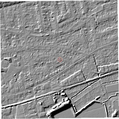 Shaded relief map of the ground around BS233LW, computed from Environment Agency LiDAR. The ground here sits at about 5 m above sea level and falls 7 m across the surrounding 800 m. The ground contributing surface water to this point lies to the west-south-west.
