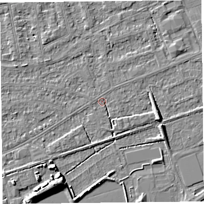 Shaded relief map of the ground around BS233LX, computed from Environment Agency LiDAR. The ground here sits at about 5 m above sea level and falls 7 m across the surrounding 800 m. Surface water reaching this point runs off ground lying to the south-east, 2.5 m higher.