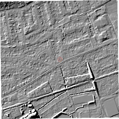 Shaded relief map of the ground around BS233LY, computed from Environment Agency LiDAR. The ground here sits at about 5 m above sea level and falls 7 m across the surrounding 800 m. Surface water reaching this point runs off ground lying to the east-north-east, 0.8 m higher.