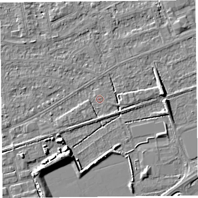 Shaded relief map of the ground around BS233LZ, computed from Environment Agency LiDAR. The ground here sits at about 5 m above sea level and falls 7 m across the surrounding 800 m. Surface water reaching this point runs off ground lying to the east, 2.5 m higher.
